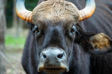 Canvas Print - Gaur in a forest, its head adorned with two long, curved horns