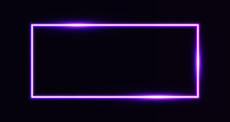 Realistic purple neon rectangle frame with glow effect isolated on dark background. Illuminated geometric shape. Electric light horizontal frame sign. Vector illustration