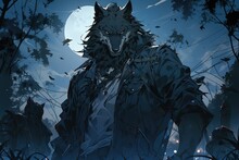 The Werewolf Stood In The Woods In The Darkness Of The Full Moon