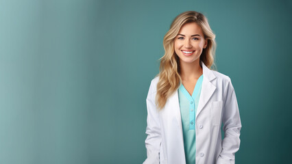 Smiling blonde doctor clinic wearing medical clothes, professional nurse in uniform in hospital