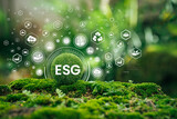 Fototapeta  - ESG in Concepts, Environment, Society and Governance. Sustainable and Ethical Natural Gas Business Energy Connected Icon on green globe ball with moss green background