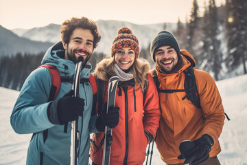 Portrait of group of friends with skis and snowboards on winter holidays.