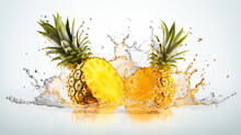 Fresh Juicy Pineapple Fruit With Water Splash Isolated On Background, Healthy Tropical Fruit