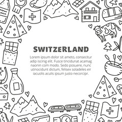 Poster with doodle Switzerland travel icons and text.