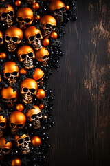 Wall Mural - Halloween skulls on wood flat lay, vertical, orange, background, copyspace, top down view, seasonal decor