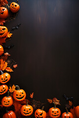 Halloween pumpkins jack o' lanterns flat lay, vertical, background, copyspace, top down view, seasonal decor
