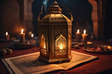 Wall Mural - ornamental Arabic lantern with a burning candle, illuminating a dark background, ideal for festive greeting cards or Ramadan Kareem invitations. Created with generative AI tools