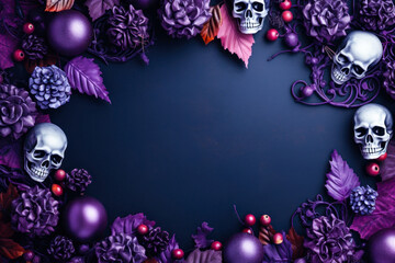 Wall Mural - Halloween gothic skulls and flowers floral flat lay frame, purple pink, banner, background, copyspace, top down view, seasonal decor, Day of the Dead