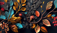  Wall Hanging Branches Seamless Pattern Leaves Fall With Bright Color Flowers Illustration Background. 3d Abstraction Wallpaper For Interior Mural Wall Art Decor, Elegant Colorful, Ai Generated Image
