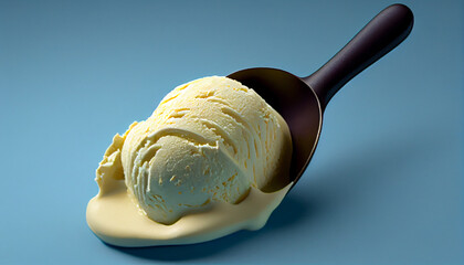 Vanilla ice cream scoop close up. Extreme close up of some vanilla ice cream being scooped up by a mechanical scoop, cup of coffee with cream Ai generated image 