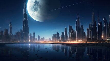 Wall Mural -  a futuristic city at night with a moon in the sky.  generative ai