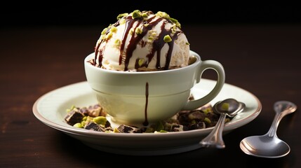 Wall Mural -  a bowl of ice cream with chocolate sauce and pistachio.  generative ai