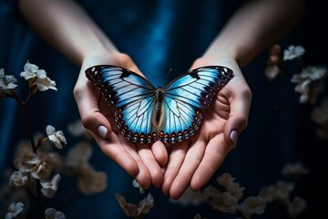 Wall Mural - Blue butterfly in the girl's arms.