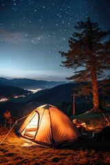 camping in the wilderness. a pitched tent under the glowing night sky stars of the milky way
