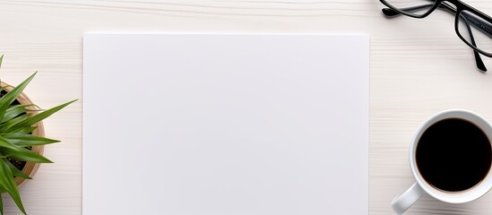 Poster - A mock-up of a white office desk with a computer, pen, eyeglasses, notebook, and cup of coffee is seen from a top view. empty space available for copying or writing.