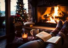 Warming And Relaxing Near A Cozy Fireplace. Feet In Wooly Socks, Cup Of Coffee And A Book By The Fire. Concept Of Winter And Christmas. Shallow Field Of View. 