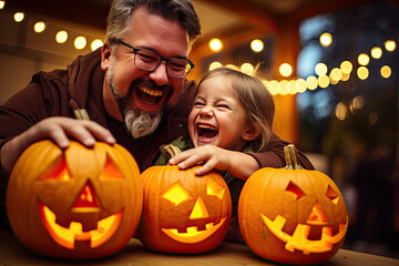 A father and children having fun while carving their halloween pumpkins