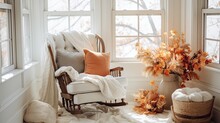 Cozy Livingroom Corner Inside The House, Autumnal Atmosphere And Decoration, Brown And Orange Colors.