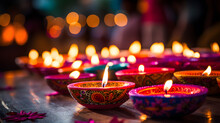 Happy Diwali, Deepavali Hindu Festival Of Lights, Clay Diya Candle Oil Lamp Lit On Dark Background