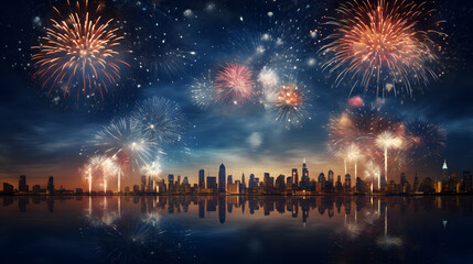 illustration of a city view on new year's eve on a dark background with fireworks and colorful lights