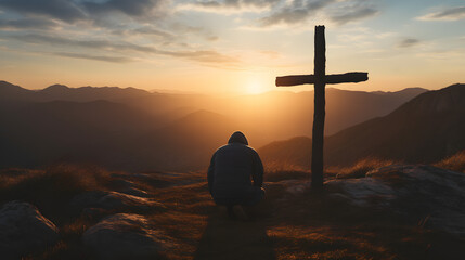 silhouette of a man kneeling praying at the cross of jesus on a hill at sunrise