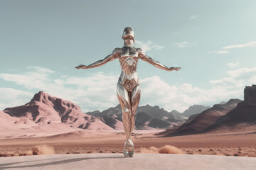 Crome robot woman posing with spread arms. Artificial intelligence rise and shiny. Mechanical beauty.