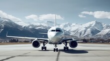 Passenger Airplane At The Airport On The Background Of High Scenic Mountains, Travel Vacation Concept.