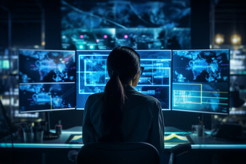 Generative ai collage of hacker lady check network virus through display monitor device