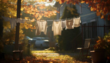 Woolen Laundry Hanging To Dry In The Yard In The Autumn Season. Generative AI Illustrations