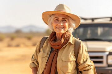 Generative AI picture cheerful aged traveler woman smiling while traveling in car on desert sand car trip