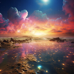 Wall Mural - a beautiful sunset over the ocean with rocks and rocks