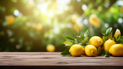 Ripe lemon harvest And Empty wooden table with rural background. Selective focus on tabletop. 