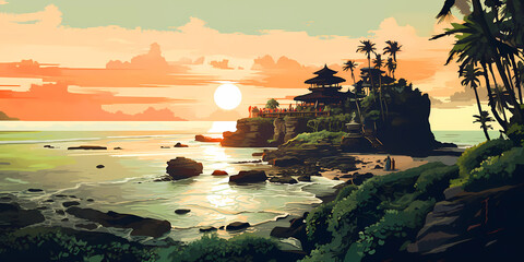 Wall Mural - Illustration of a beautiful view of Tanah Lot, Bali, Indonesia