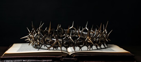 Poster - shows the Crown of Thorns placed on a Holy Bible against a black background. It can be used as a Christian background or for the Easter concept.