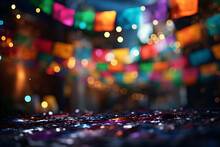 Empty Wooden Table With Mexican Fiesta Background Out Of Focus
