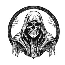 Ethereal Reaper: Hand Drawn Black & White Skull Illustration - Ideal For Flash Tattoos, Coloring Pages, And More