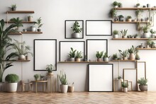Empty Frame Inside Building Picture Frame Mockup In Room And Shelves With Plants And Decorations 3D Illustration 