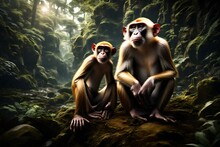 Monkeys Sitting On A Rock