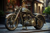 Fototapeta  - Steampunk Hightech Motorrad Dreambike in Gold und Blau