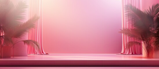 Aufkleber - A studio background in abstract pink color gradient is used for product presentation. The room is empty with shadows of windows, flowers, and palm leaves. It is a 3D room with copy space. The backdrop