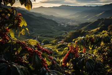 view of a coffee plantation of colombia or brazil with coffee plants in the foreground. close up vie