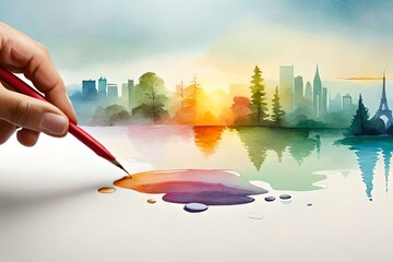Wall Mural - watercolor with painting made up with hands