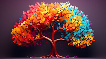 Elegant colorful tree with vibrant leaves hanging branches illustration background. Bright color 3d abstraction wallpaper for interior mural painting wall art decor. Ai