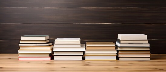 Poster - Books placed on a wooden floor, with a brown wood parquet as the background. empty space available for writing. an idea for going back to school, with the books spread around and viewed from the