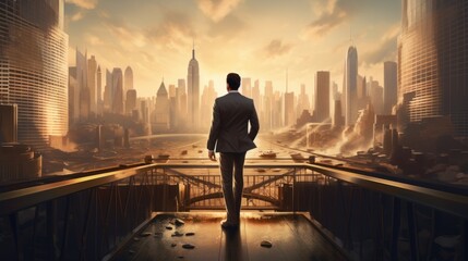 Man standing on a bridge, gazing at the beautiful cityscape