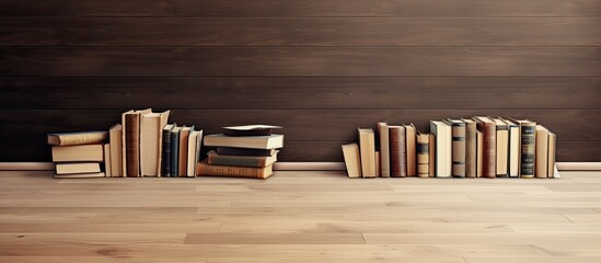 Poster - Empty space is available on a wooden floor with various books spread out, surrounded by a brown wood parquet background. It's a back to school concept with room for writing.