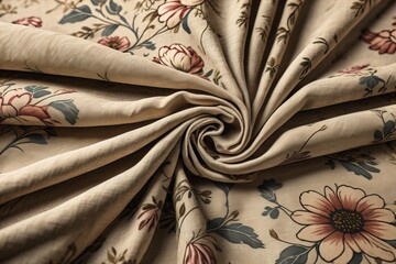Crumpled beige fabric with floral pattern, closeup view. ai generative