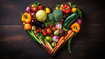 Wall Mural - Beautiful heart-shaped arrangement of fresh fruits and vegetables