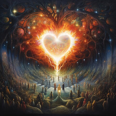 Poster - a heart shaped fire with people in the middle