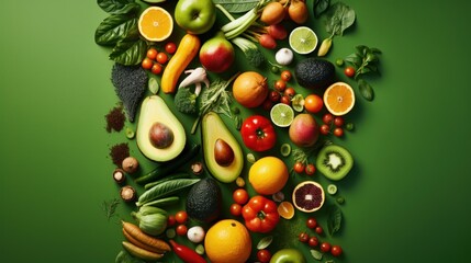 Wall Mural - Variety of fresh fruits and vegetables on a vibrant green background